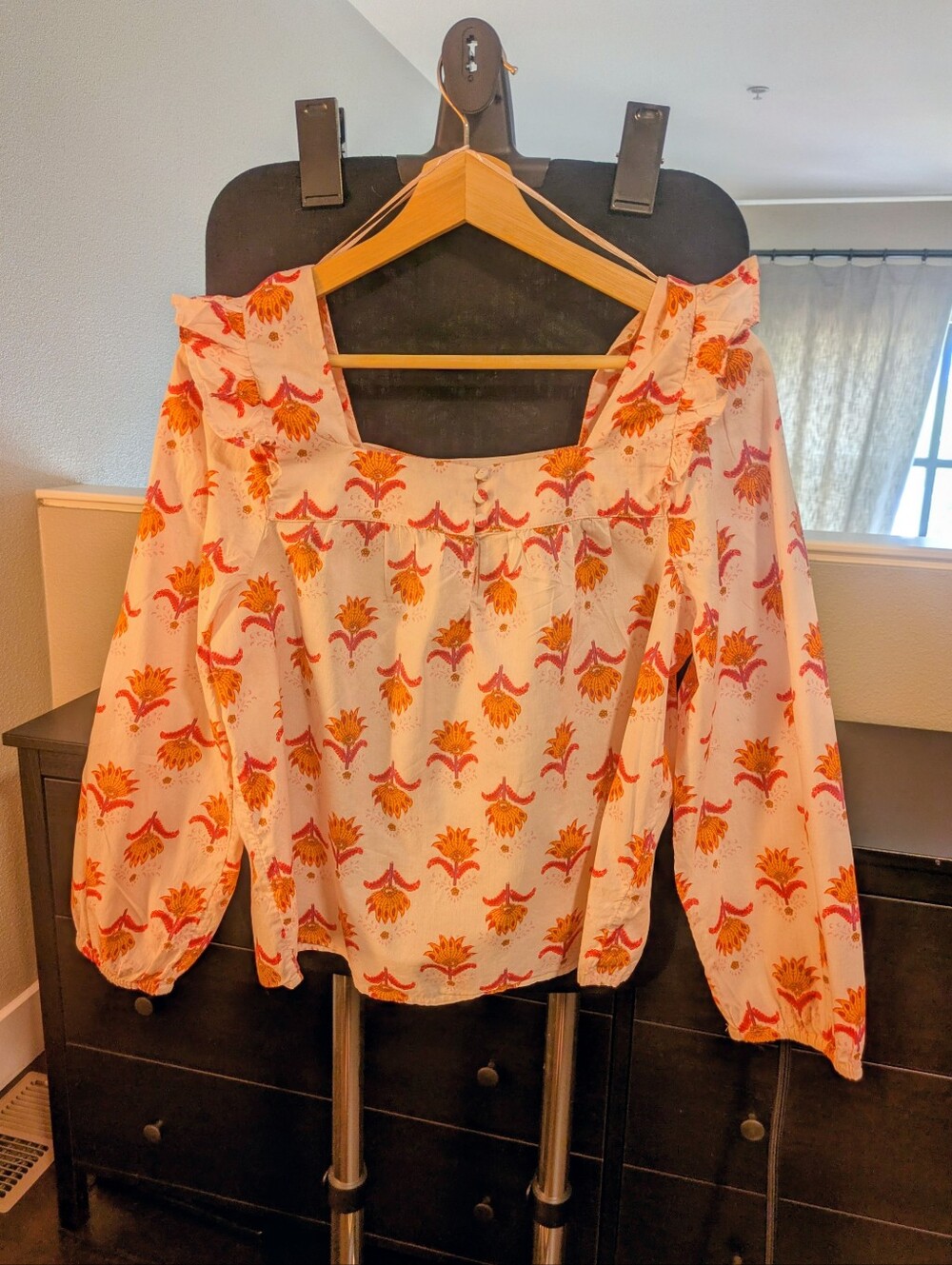 J. Crew White Square-Neck Blouse with Orange & Pink Floral Print